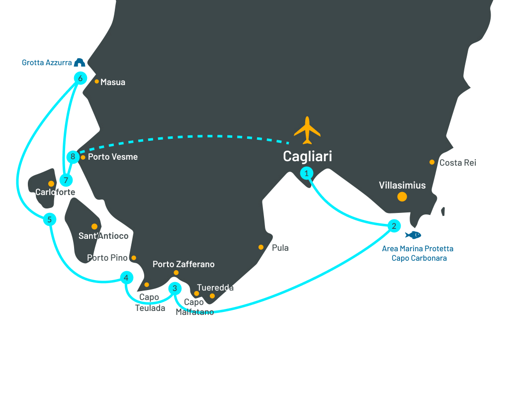 sur de Cerdeña en velero: itinerario